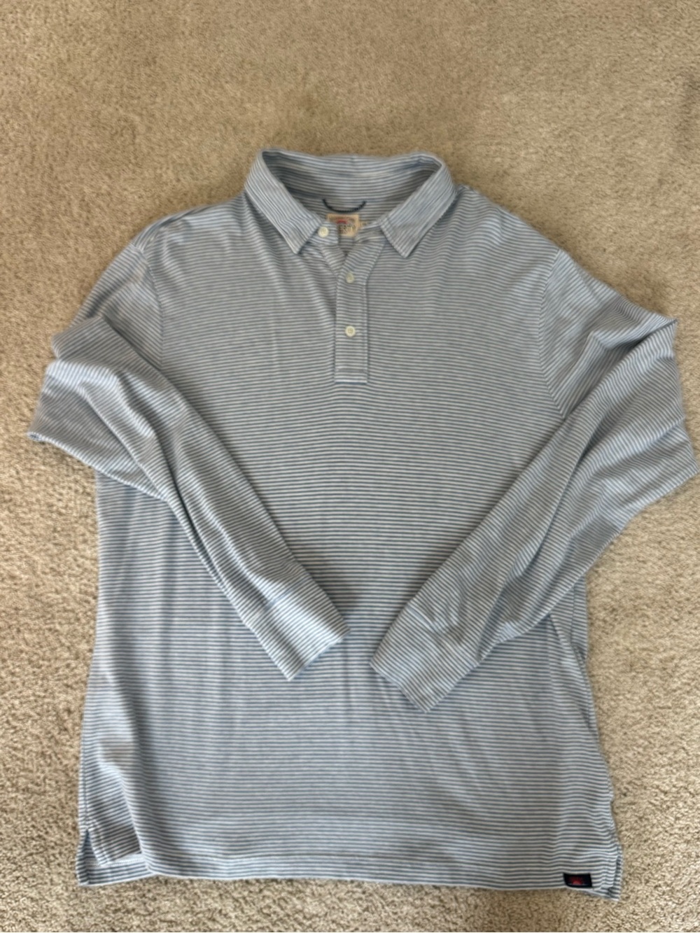 Faherty Movement Men's Long-Sleeve Light Blue Striped Polo Shirt Medium